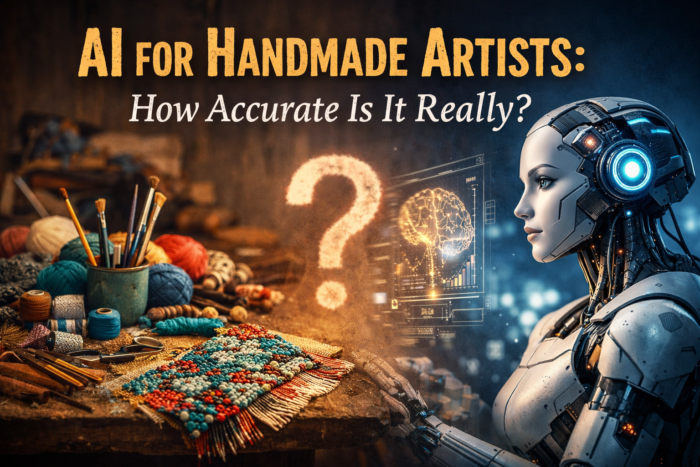 AI vs handmade artists concept showing artisan workspace and robot, highlighting accuracy and limitations of AI in handmade art