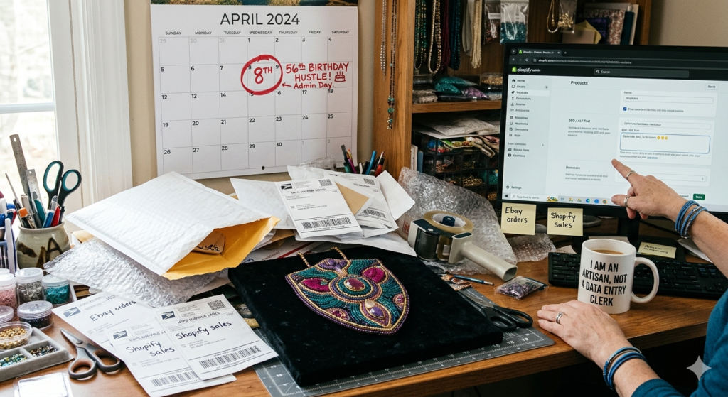 Digital art of an artisan studio desk with bead embroidery, shipping labels, and a calendar circled for an April 8th birthday. Not my actual Artisan Studio.