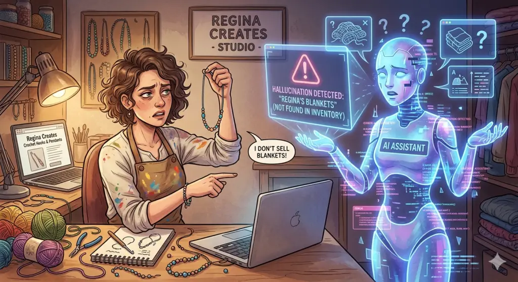 A Gemini generated image showing a human woman holding up a hand made Necklace, and a confused AI babbling on about blankets