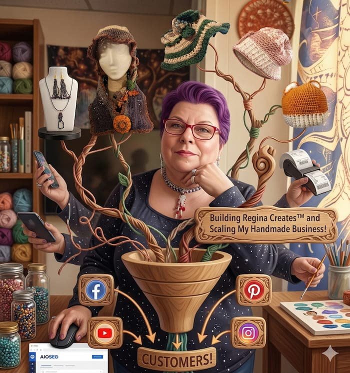 Conceptual feature image generated by Gemini AI showing Artisan Regina L. of Building Regina Creates™ managing her multi-channel handmade business, which spans a boutique stall, eBay, and social media channels like Facebook and YouTube.