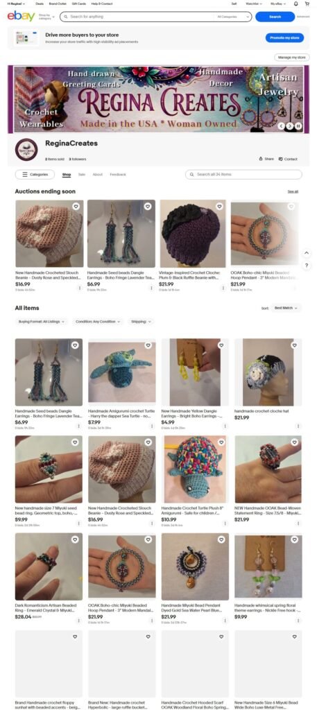 Screenshot of what eBay Store https://www.ebay.com/str/reginacreates looks like - sample - doesn't show all products available. 