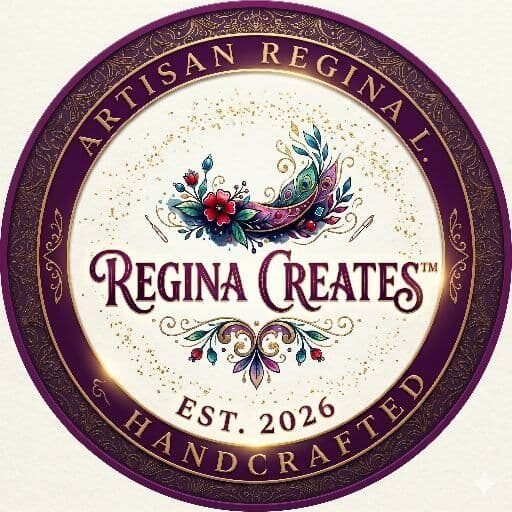 Circular handcrafted-brand logo: Regina Creates with floral accents, Est. 2026, 'Handcrafted' text around the edge
