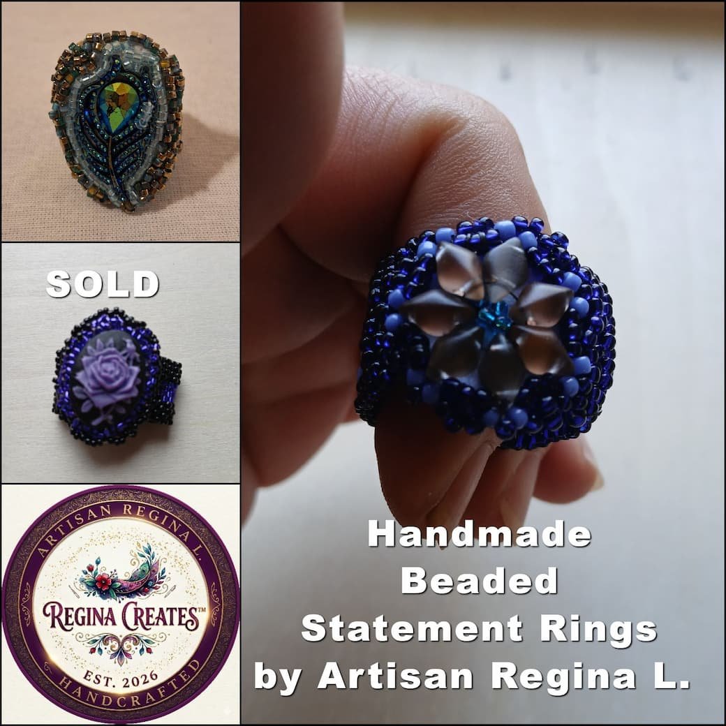 Hanmade Beaded Rings by Artisan Regina L / ReginaCreates™ This Graphic features three different Handmade Beaded Statement Rings, one is sold, the other two available. Gothic Rose Statement Ring. Ring of Enchantment. Floral Boho Ring