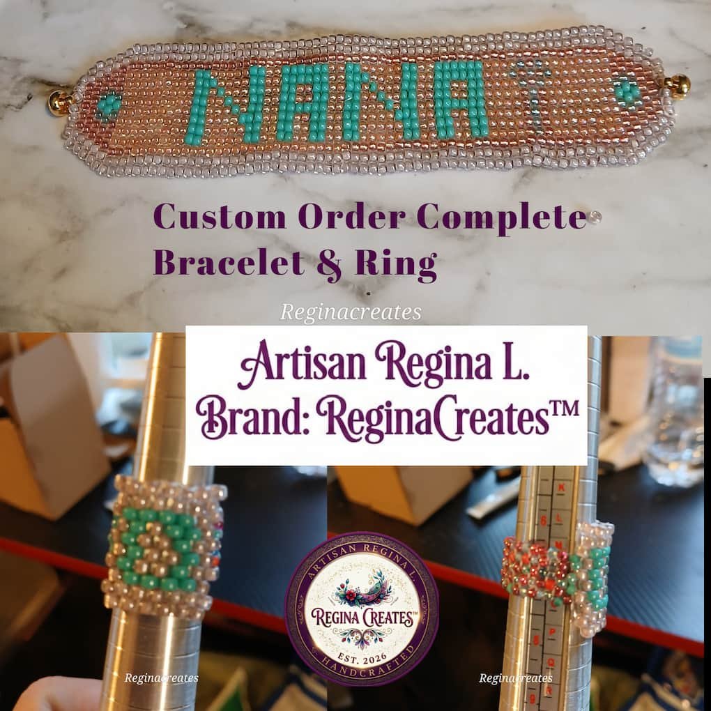Handcrafted beadwoven jewelry set featuring a custom bracelet and matching ring displayed on ring mandrels. The wide bracelet features turquoise bead lettering that spells out "NANA" on a shimmering champagne-gold bead background with a clear bead border. The matching beadwoven rings feature coordinating turquoise and metallic bead accents. Text overlay reads: "Custom Order Complete - Bracelet & Ring" by ReginaCreates.